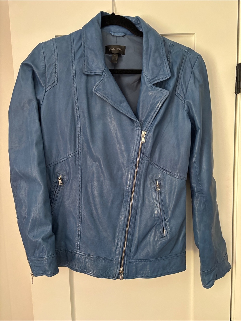 Danier Steel Blue Leather Moto Jacket
